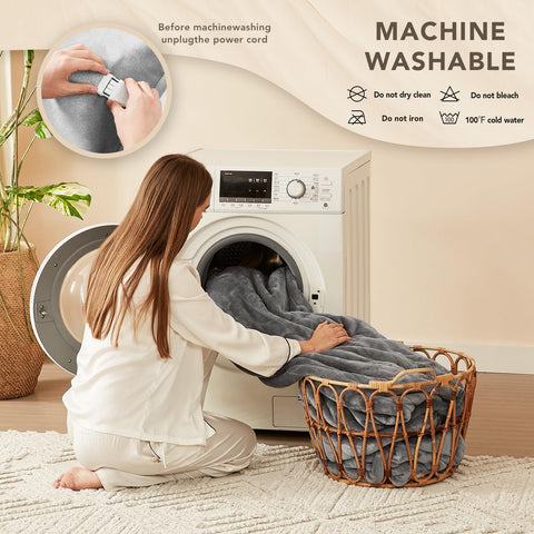 Homemate heated blanket throw is machine washable for easy care.