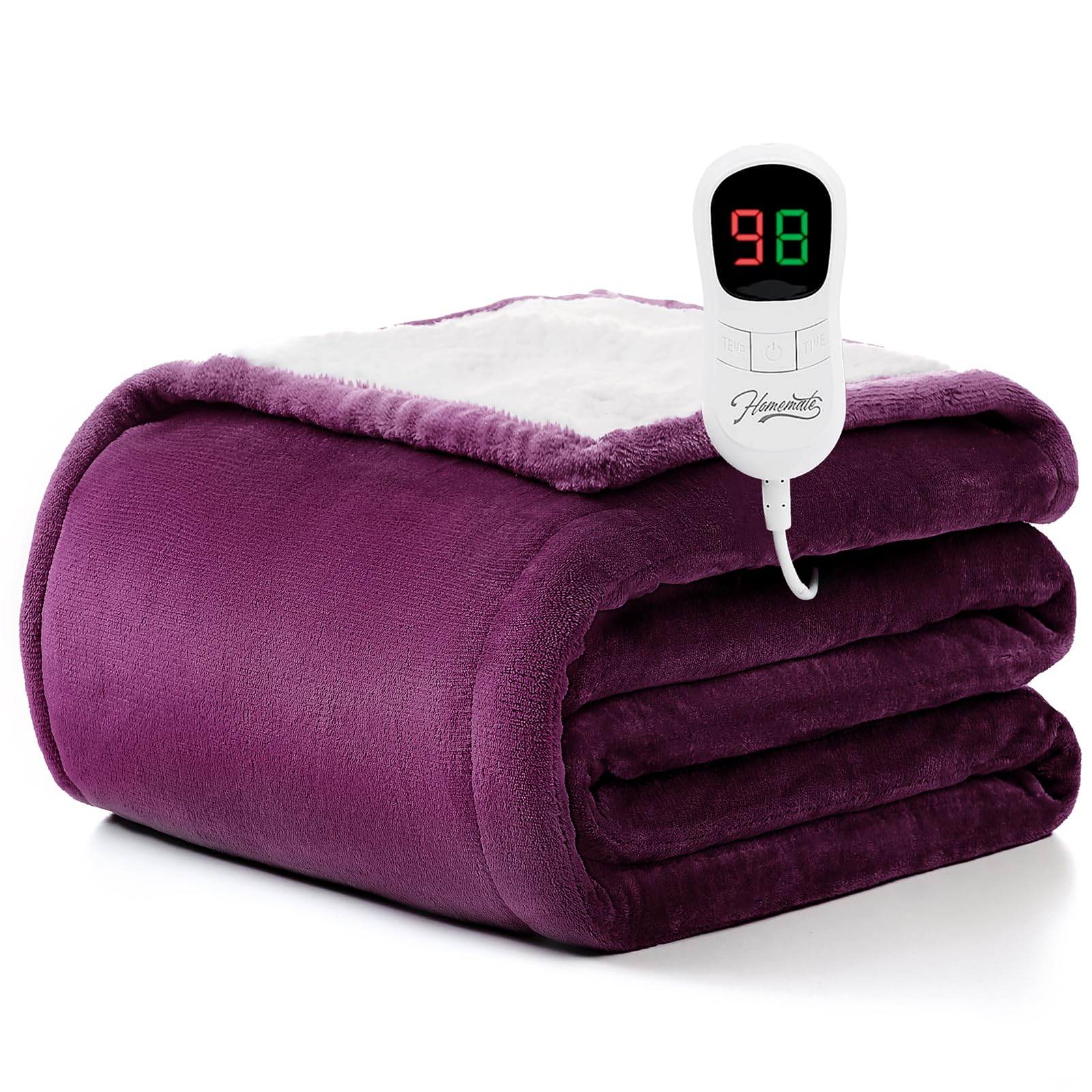 Homemate heated blanket throw features soft flannel-sherpa fabric for luxurious warmth.