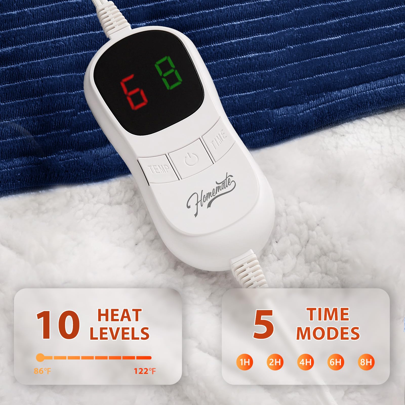 Homemate blanket remote and 10 heat levels for personalized warmth.