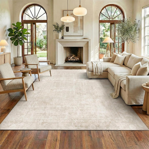 Homemate washable rug 8x10 beige in living room showing cozy comfort and easy maintenance