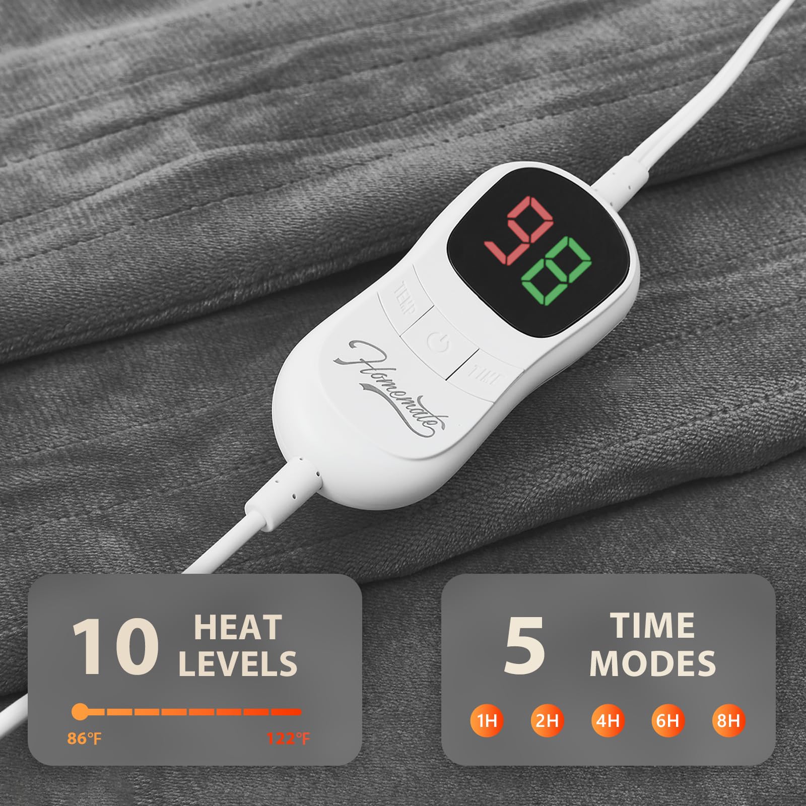 Homemate blanket provides wide heating area for even warmth across the bed.