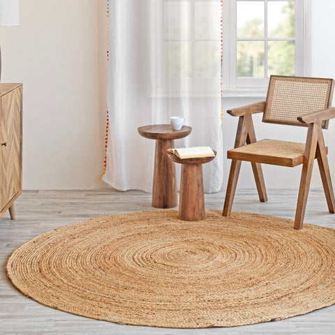 HOMEMONDE 6ft round jute rug entryway setup demonstrating easy under-door placement