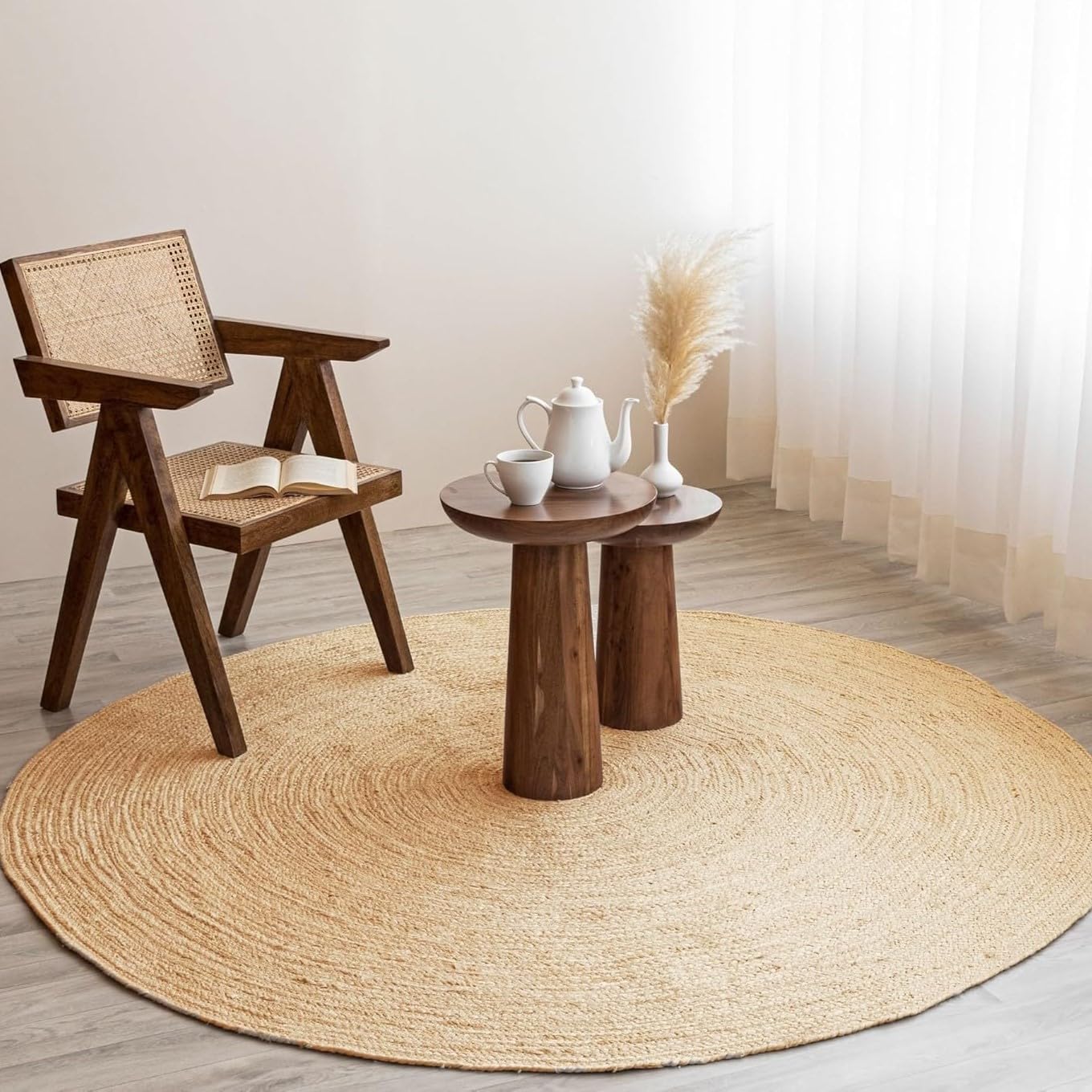 HOMEMONDE round jute rug showcases braided texture in a cozy living space