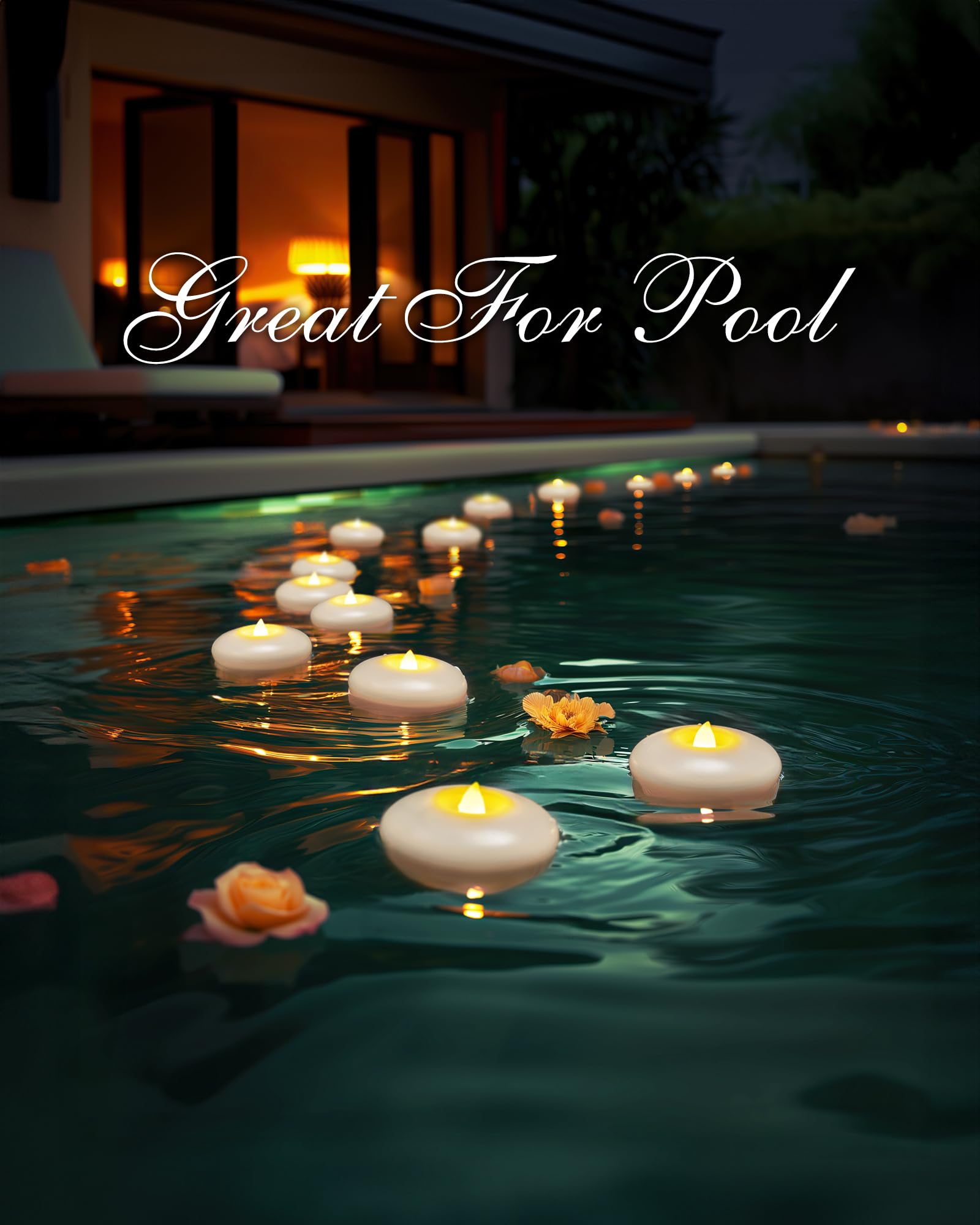 Battery-operated floating tealights ideal for poolside decor and safety.