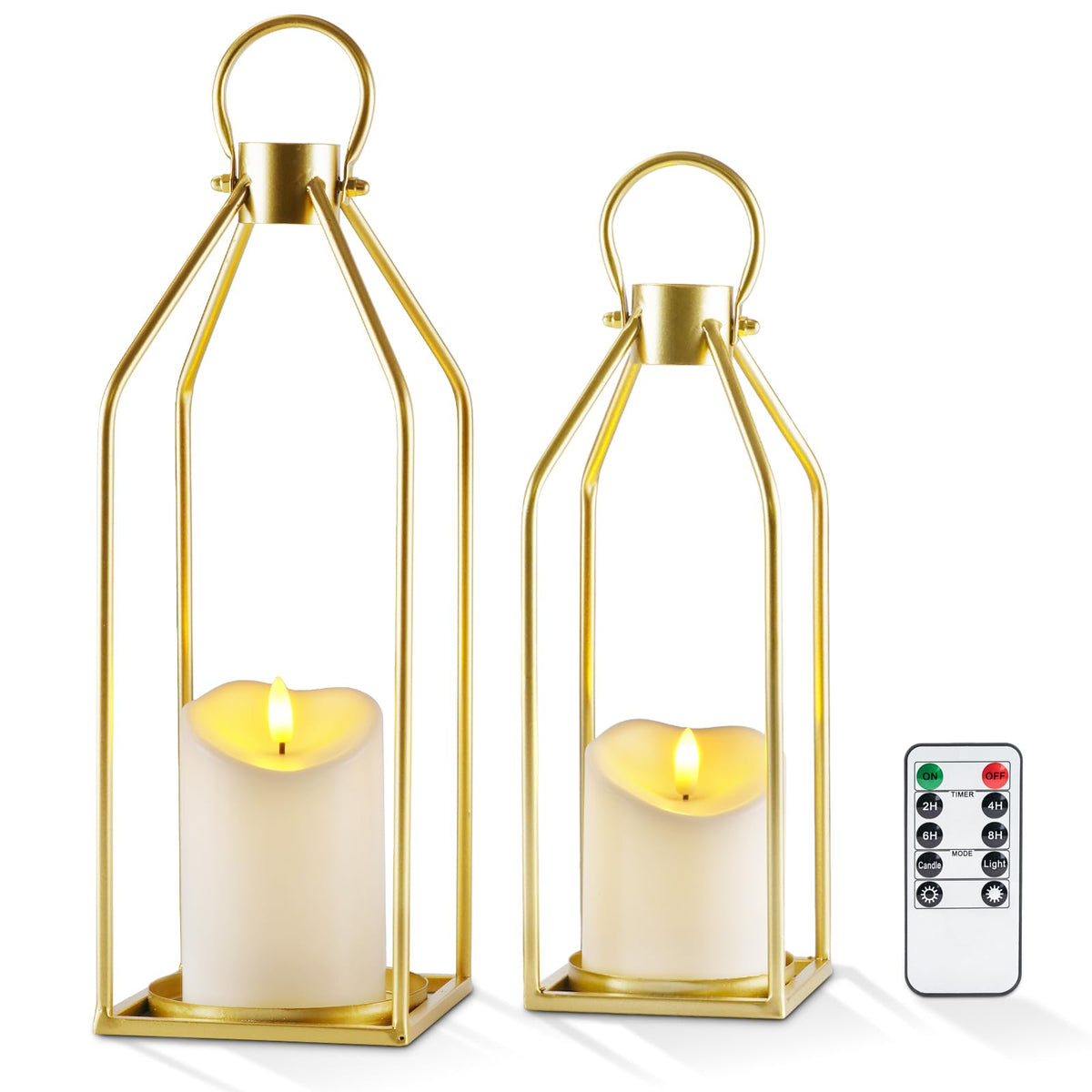 Homemory small gold lantern casts cozy flameless light on indoor dining tables.