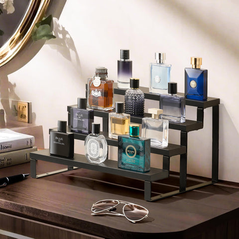 HomePekite 4-tier perfume display rack neatly presents fragrances while saving vanity space.
