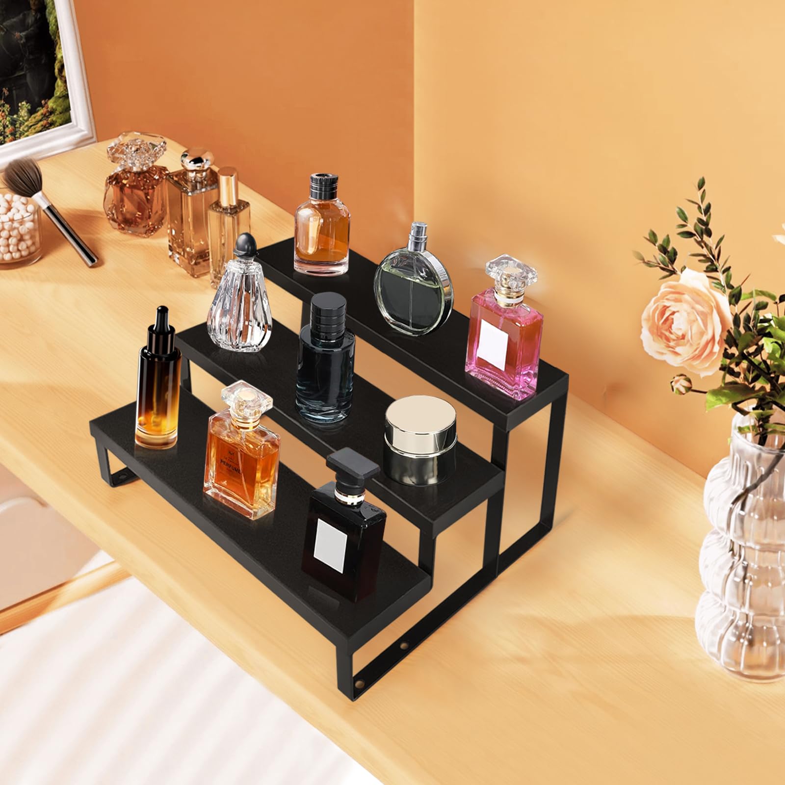 HomePekite display stand on a dresser holds cosmetics with an elegant, sturdy frame.