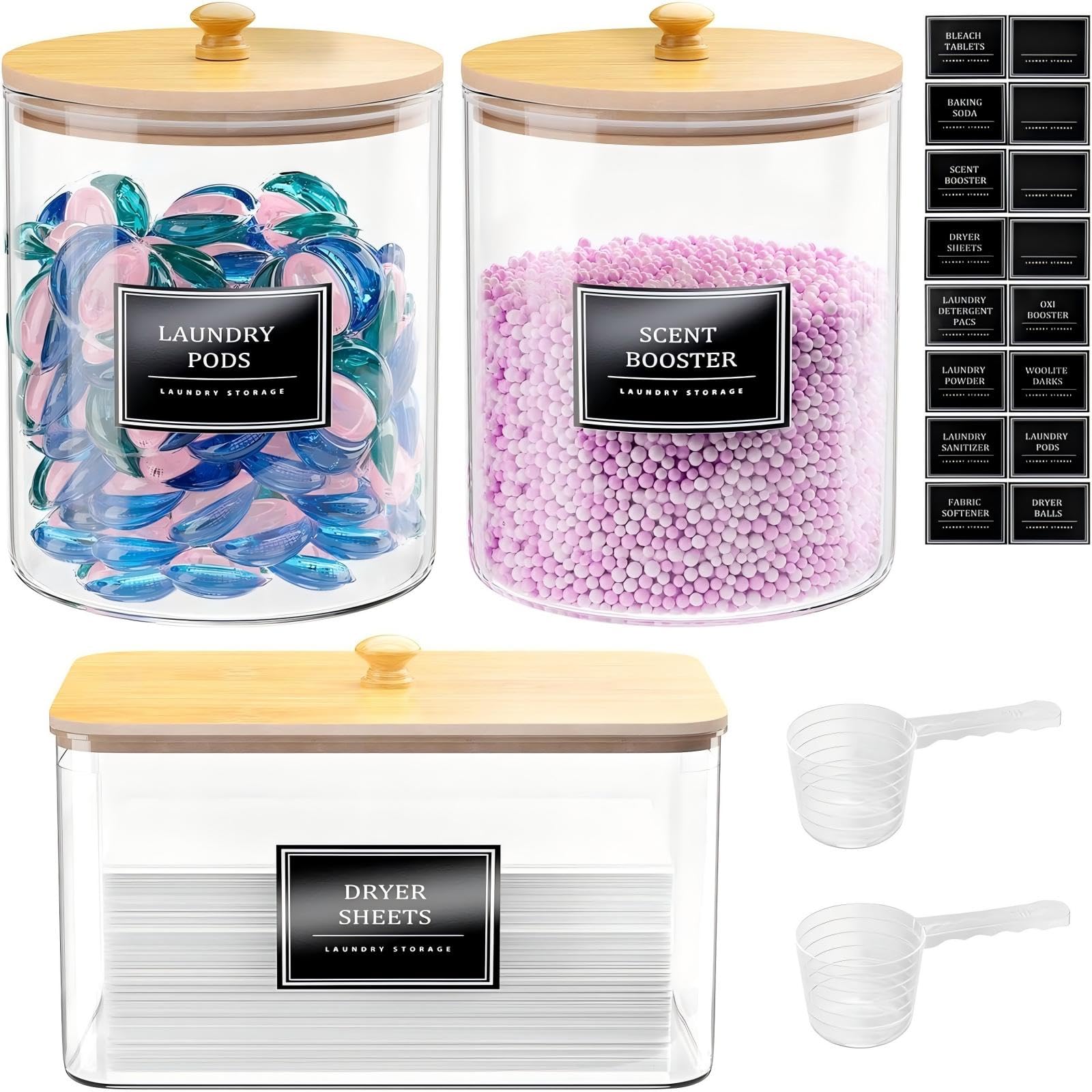 HomePekite glass laundry jar set with lids for tidy laundry pods and easy access