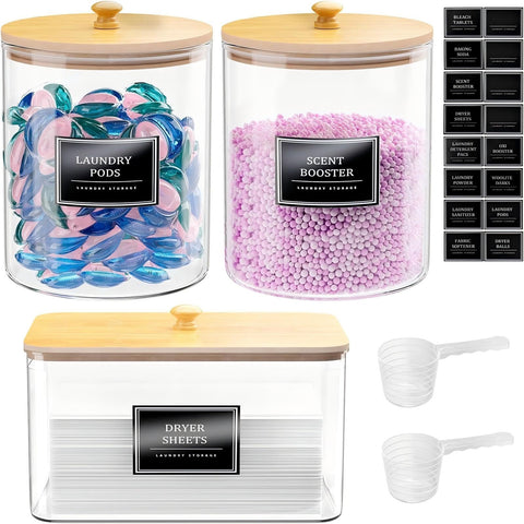 HomePekite glass laundry jar set with lids for tidy laundry pods and easy access