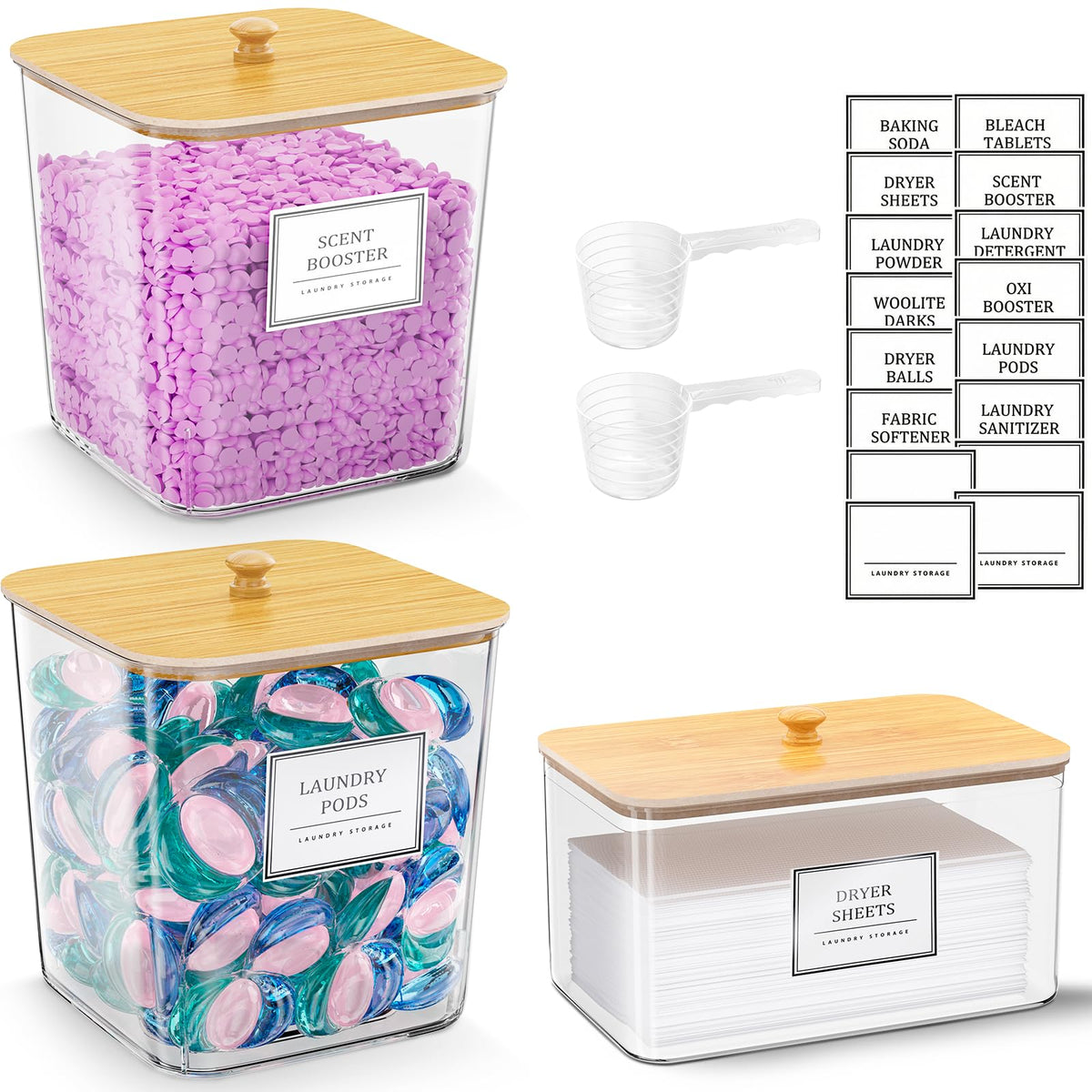 HomePekite laundry pods container with clear body and wooden lid for easy visibility