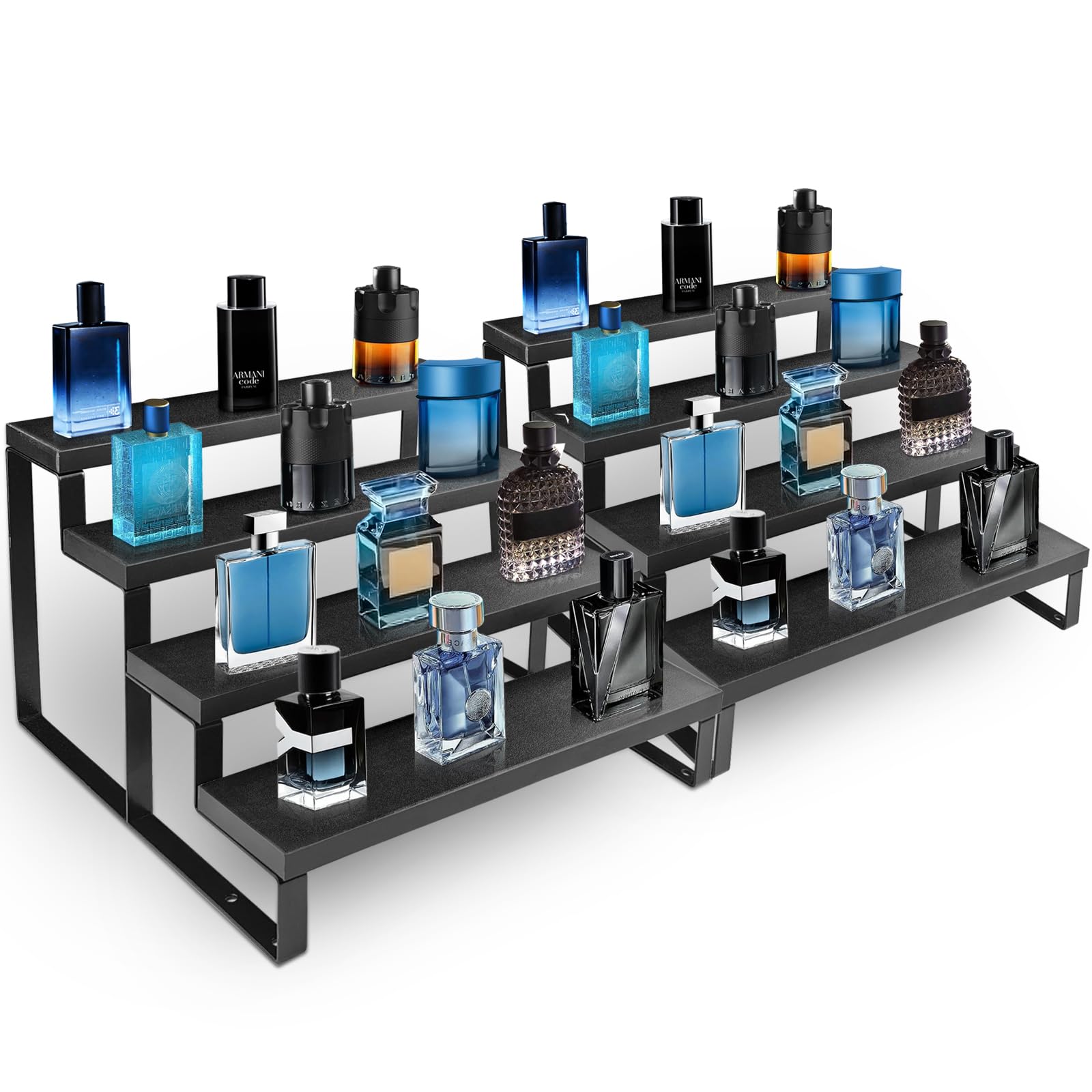 HomePekite wooden display riser with 4 tiers keeps perfumes organized and off the countertop.