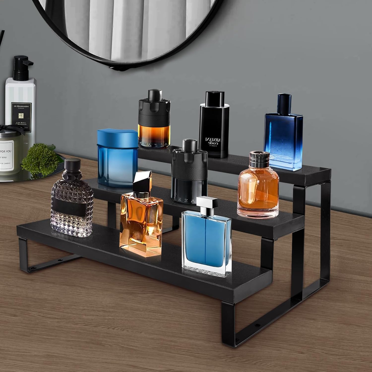 HomePekite wooden perfume organizer 12inch keeps fragrances organized and within reach.