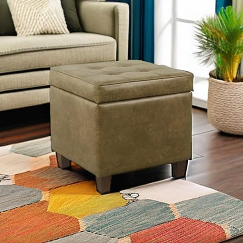 HomePop square tufted storage ottoman placed in room for versatile use.