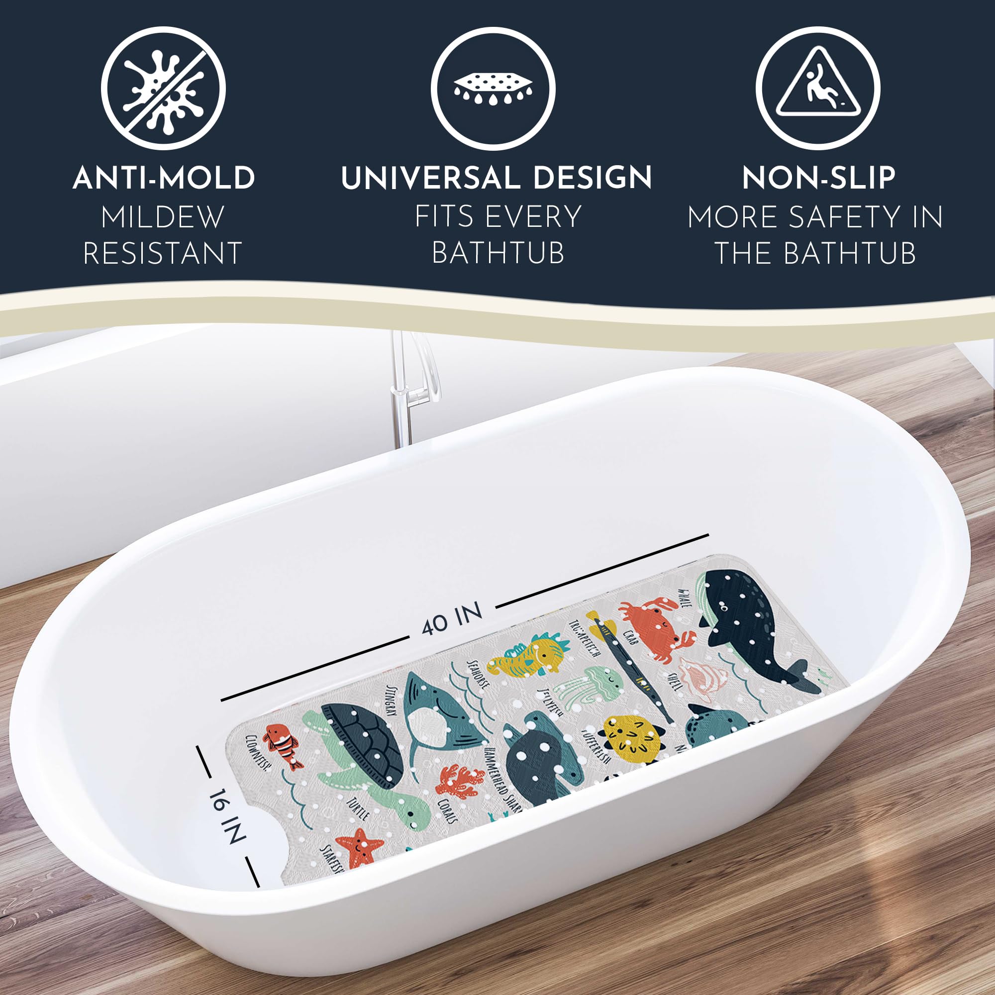 Homerella bath mat shows 200 suction cups for reliable non-slip grip on smooth tubs.
