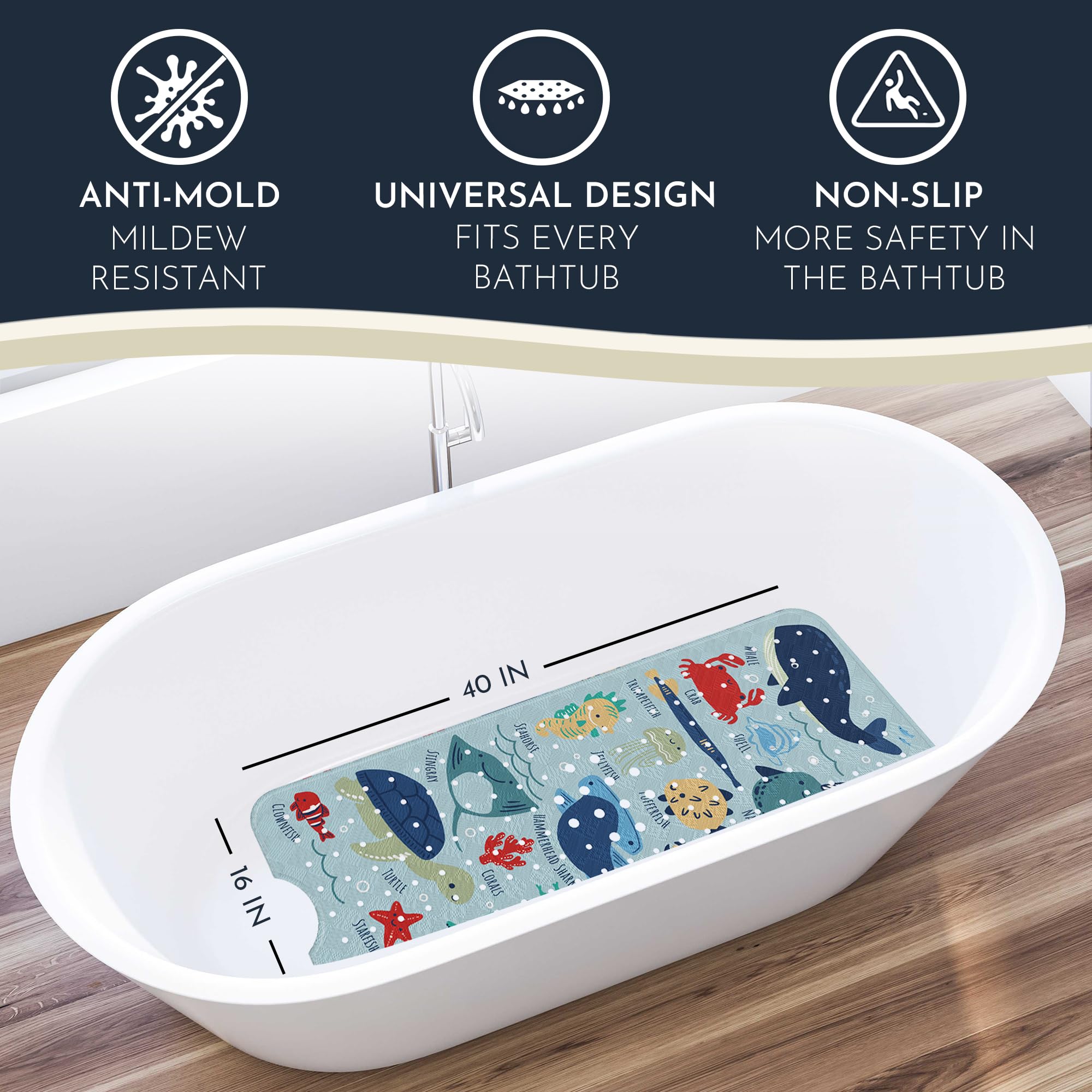 Homerella bath mat with 200 suction cups for a strong grip on smooth tub surfaces.