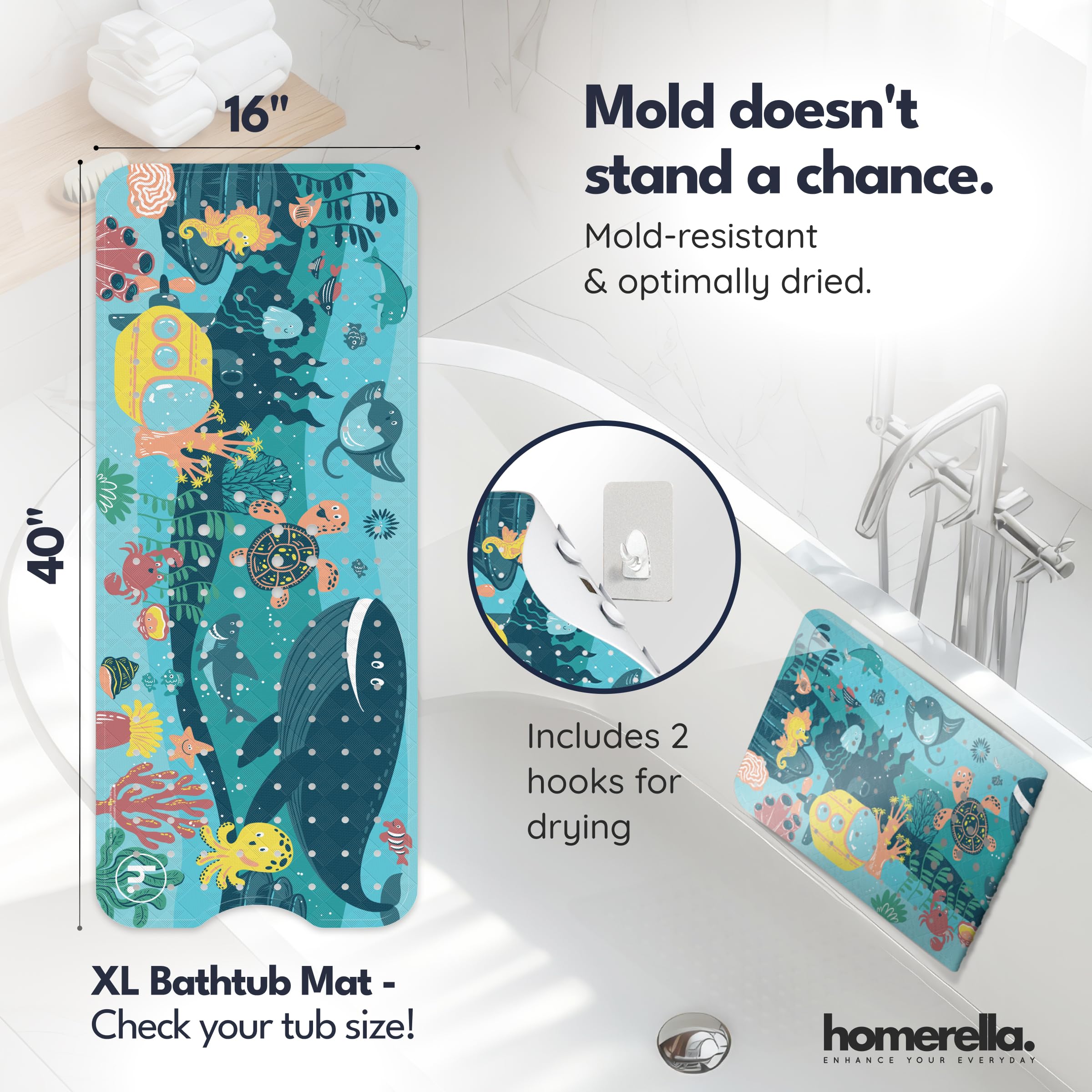 Homerella bath mat with 200 suction cups stays firmly in place.