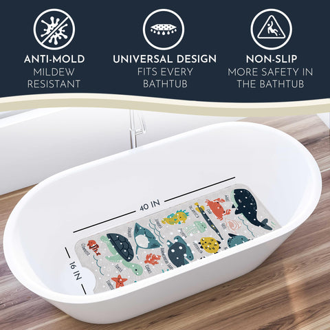 Homerella bath mat shows 200 suction cups for reliable non-slip grip on smooth tubs.