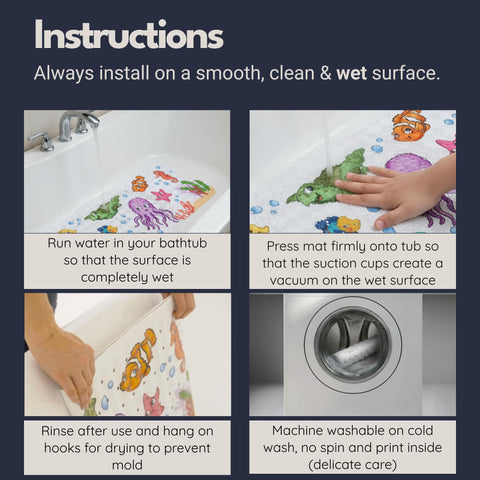 Homerella bath mat fits standard tubs and helps reduce mold risk.