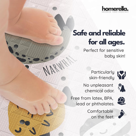 Homerella bath mat showing 200 suction cups for strong grip on smooth tubs