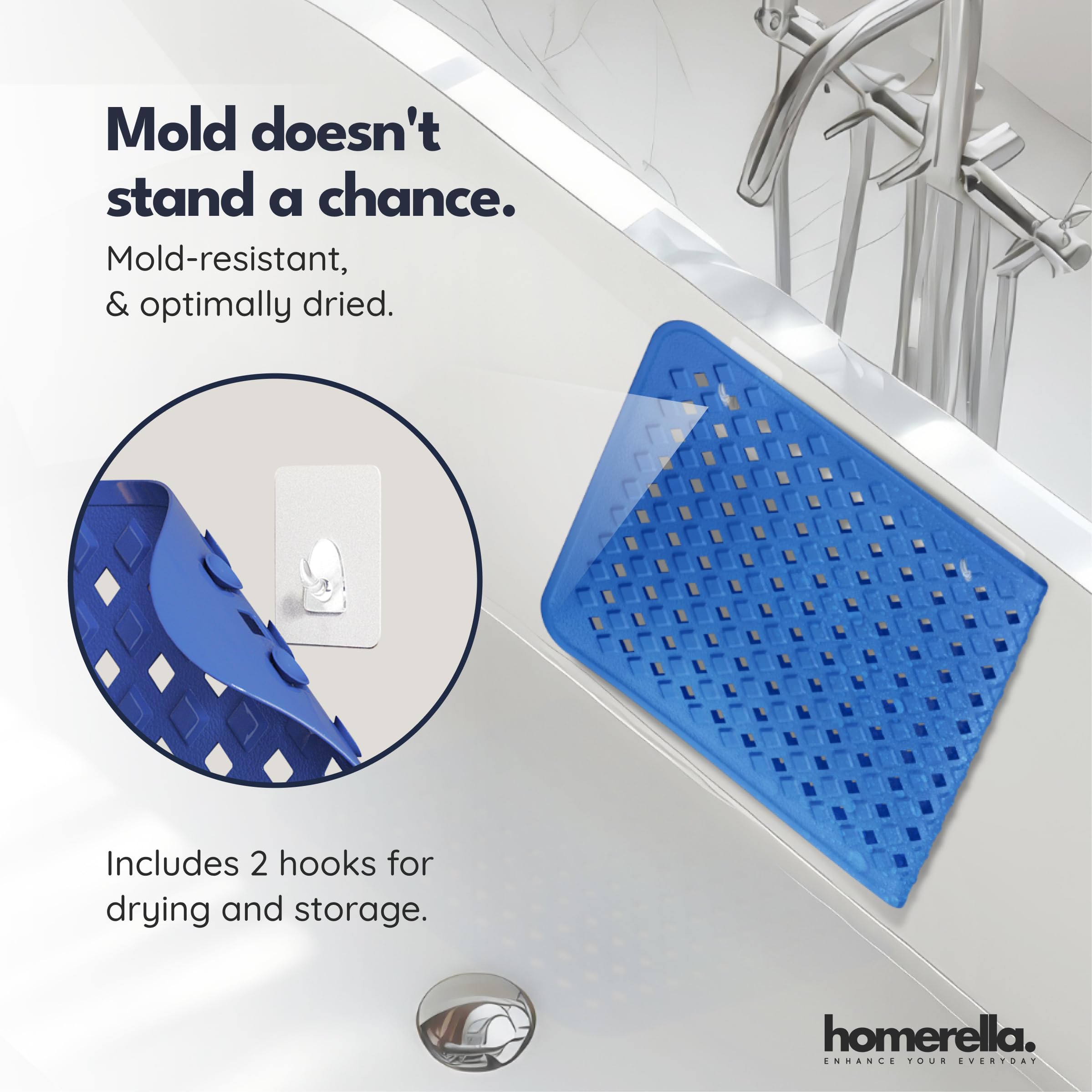 Homerella bath mat anti-mold material provides mildew resistance for long-lasting freshness.