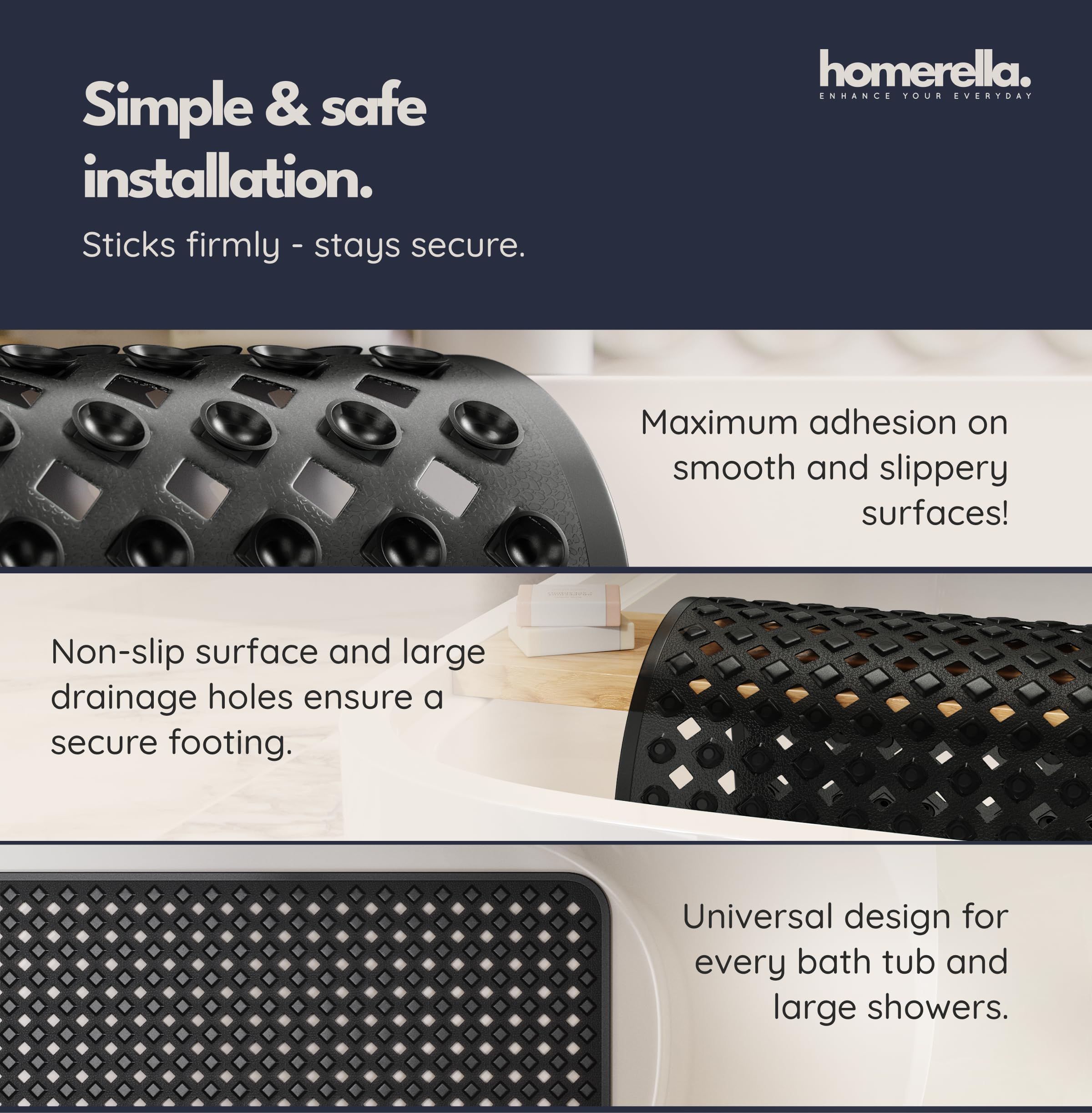 Homerella bath mat uses BPA-free and latex-free material for safe bathroom use.