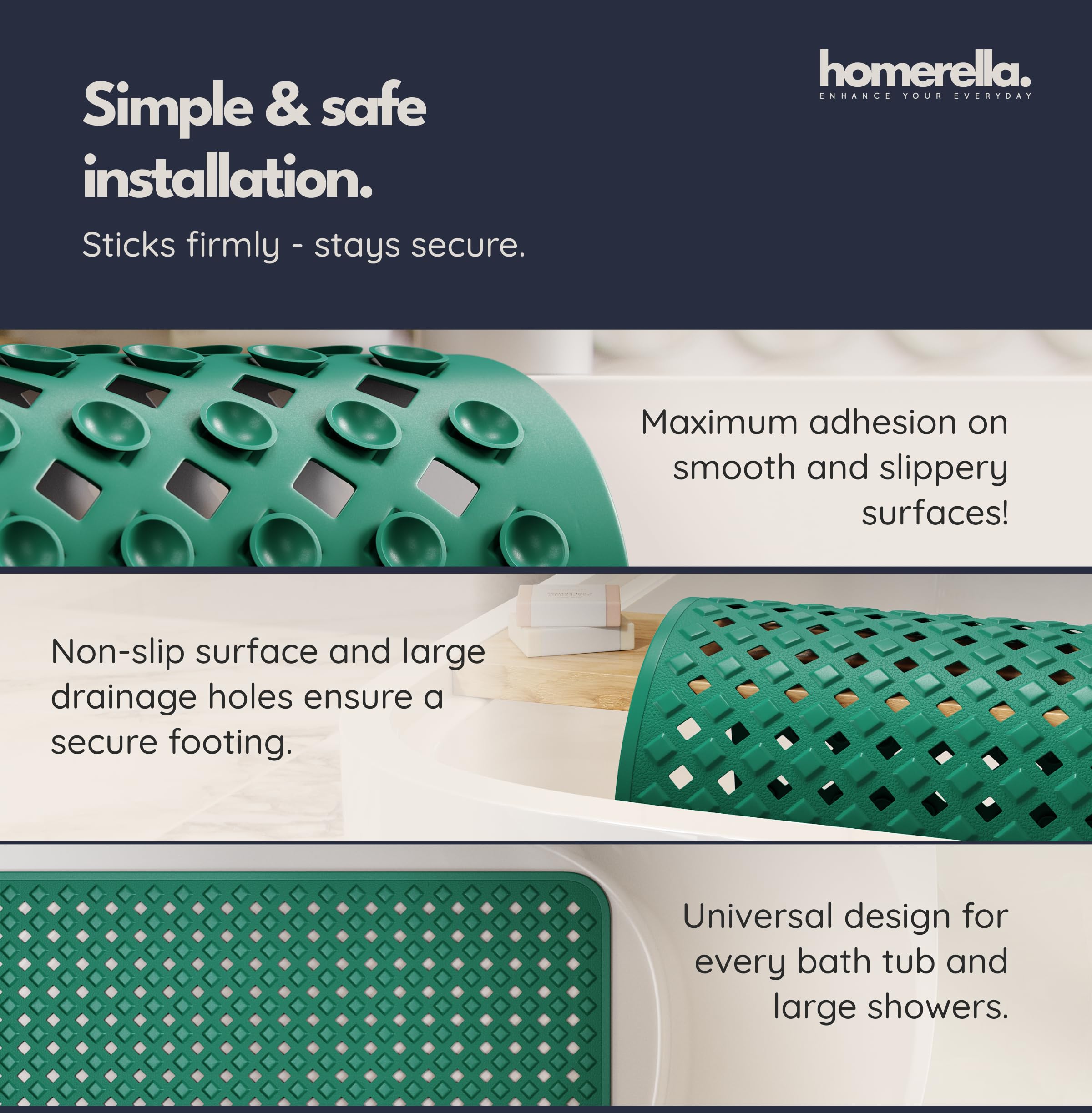Homerella bath mat made from BPA-free, odorless vinyl for sensitive skin.