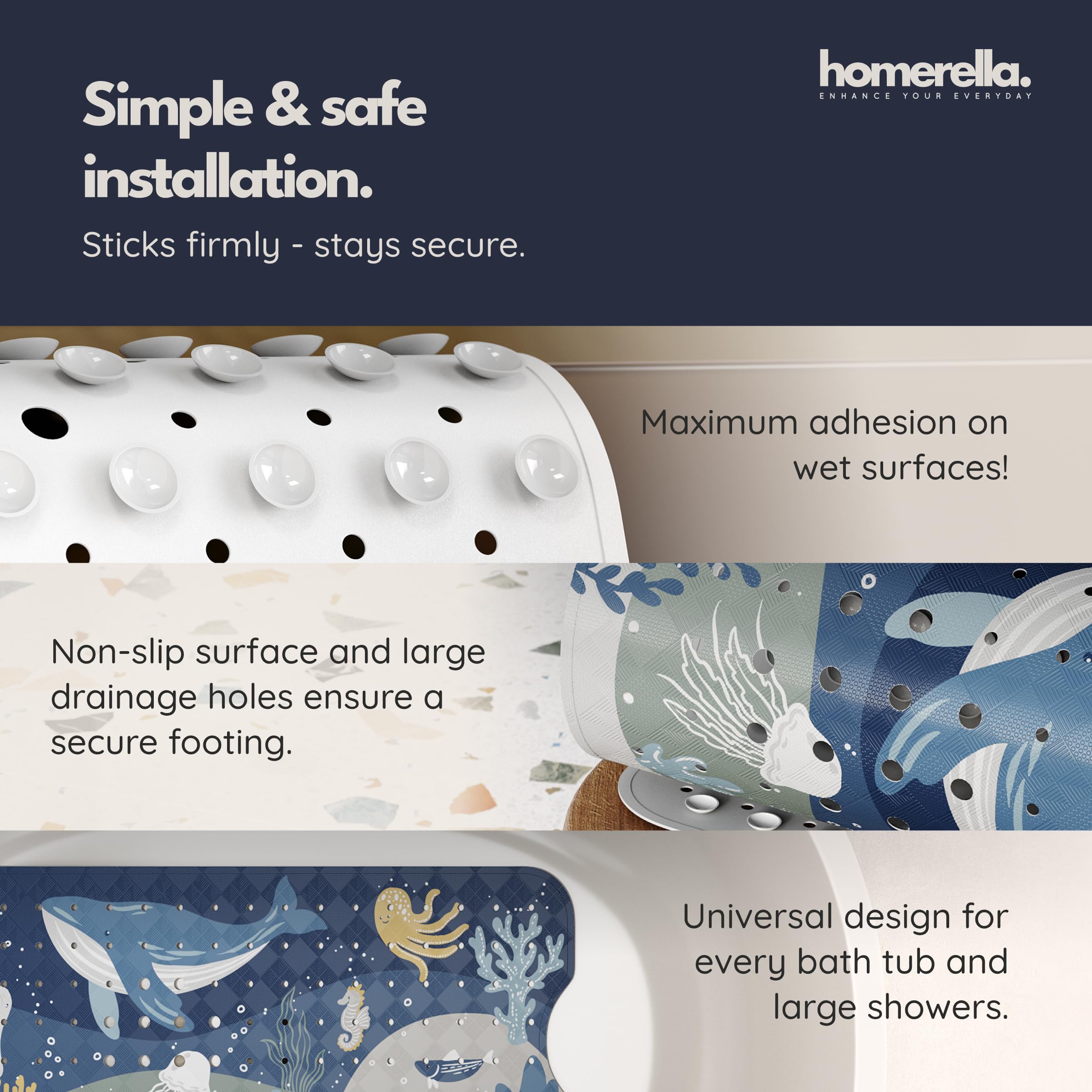 Homerella anti-mold design with drainage keeps the tub mat dry between uses.