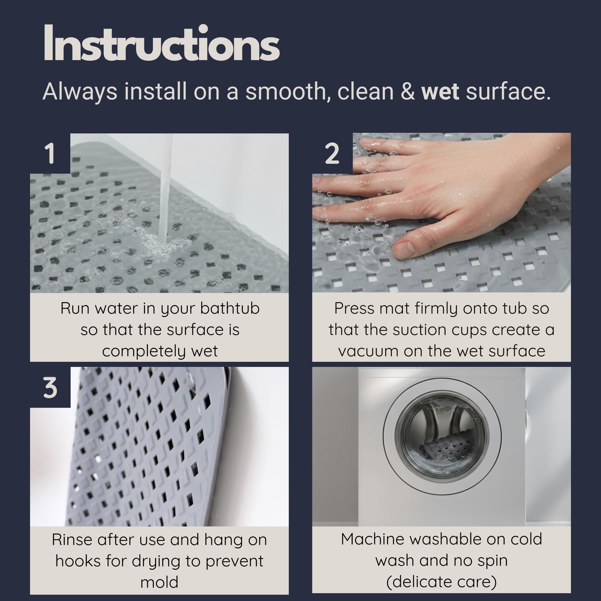 Homerella bath mat drainage holes design promotes quick drying.
