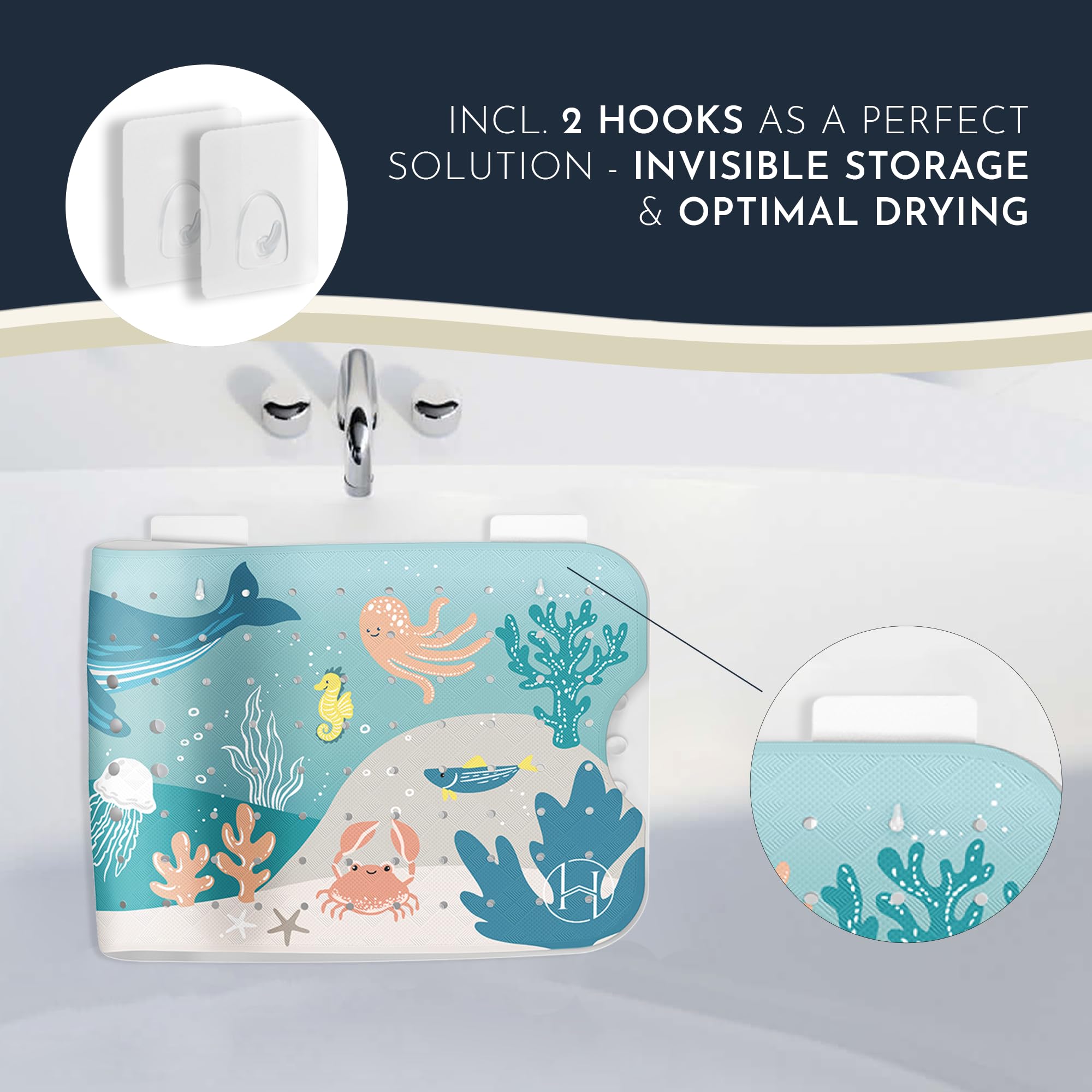 Homerella bath mat with two hooks for quick drying after use.