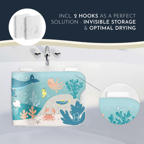 Homerella bath mat with two hooks for quick drying after use.
