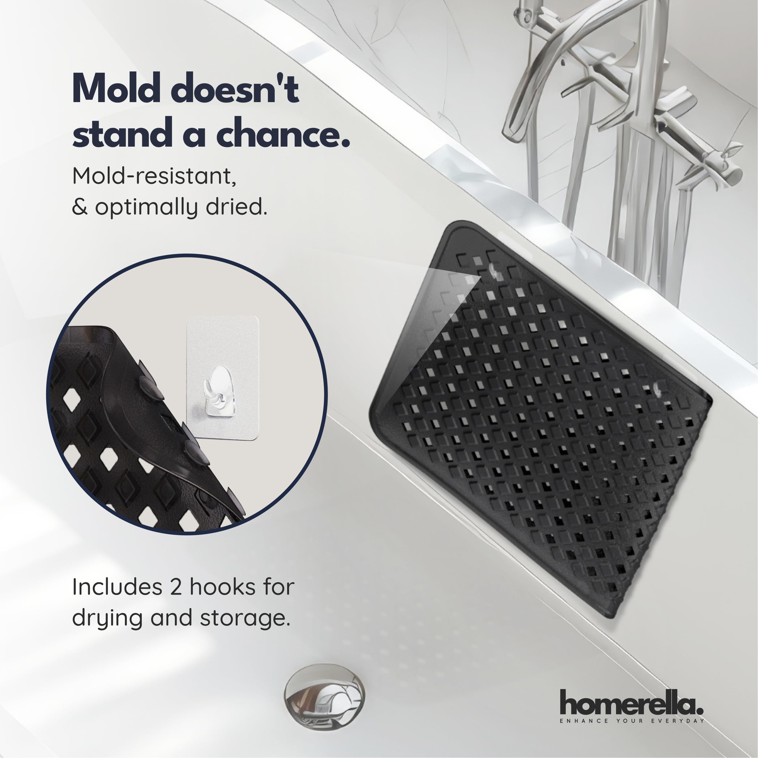 Homerella bath mat includes two hooks for drying after use.