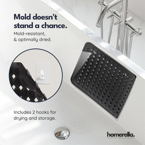 Homerella bath mat includes two hooks for drying after use.