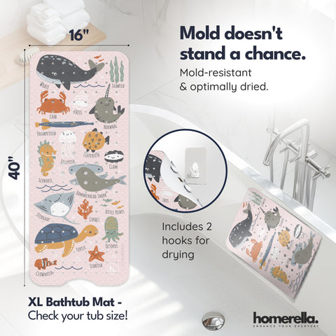 Homerella bath mat with two included hooks for quick air-drying