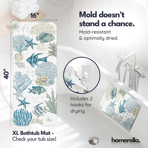 Homerella bath mat shows included hooks for fast air-drying after use.