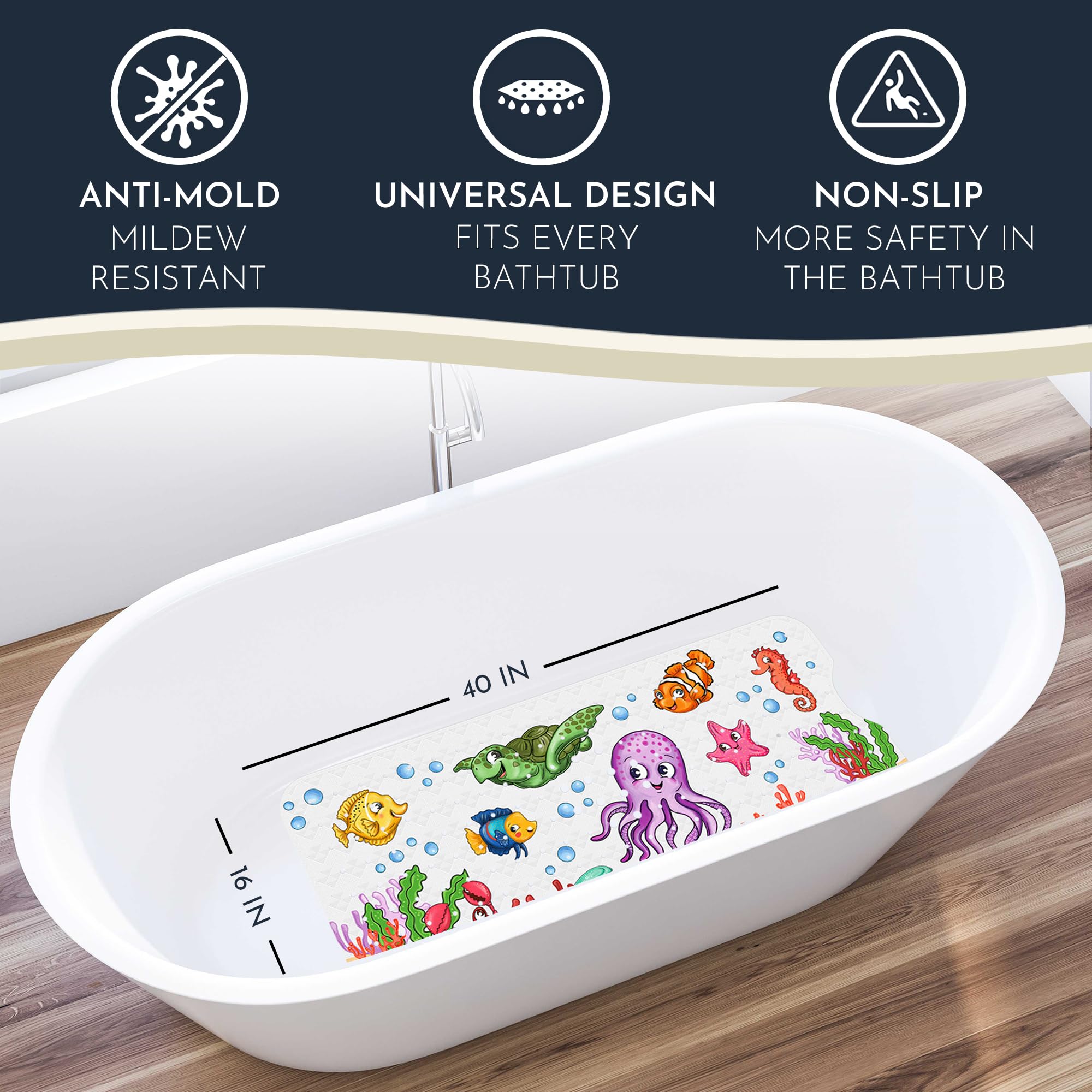 Homerella bath mat close-up showing strong suction cups for grip.