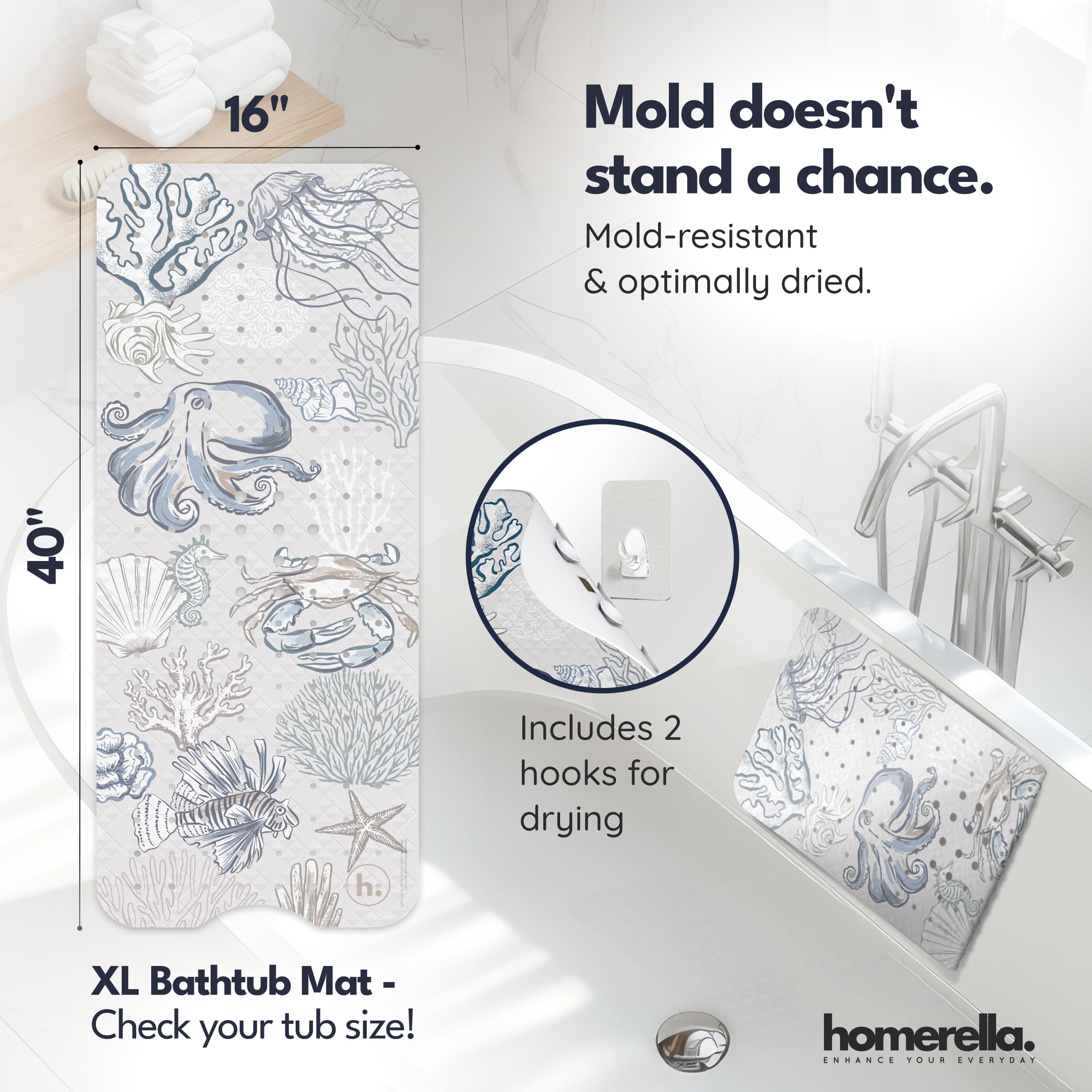 Homerella bath mat includes two hooks for quick air-drying.