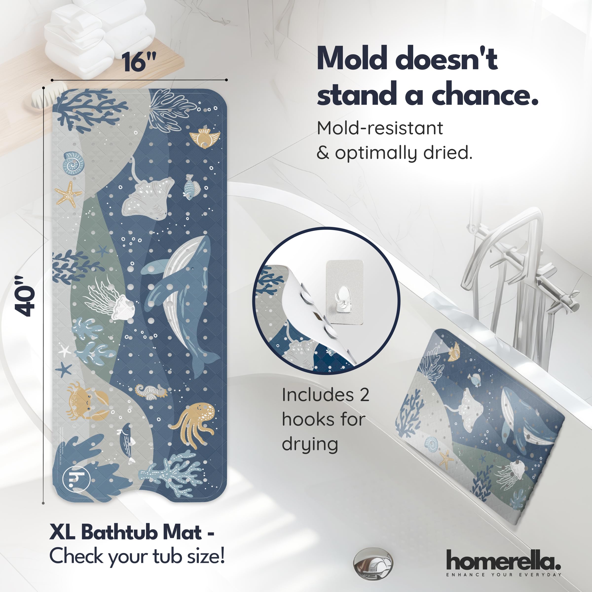 Homerella bath mat includes two hooks for quick air-drying and mold prevention.