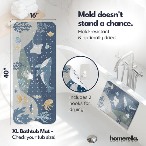 Homerella bath mat includes two hooks for quick air-drying and mold prevention.