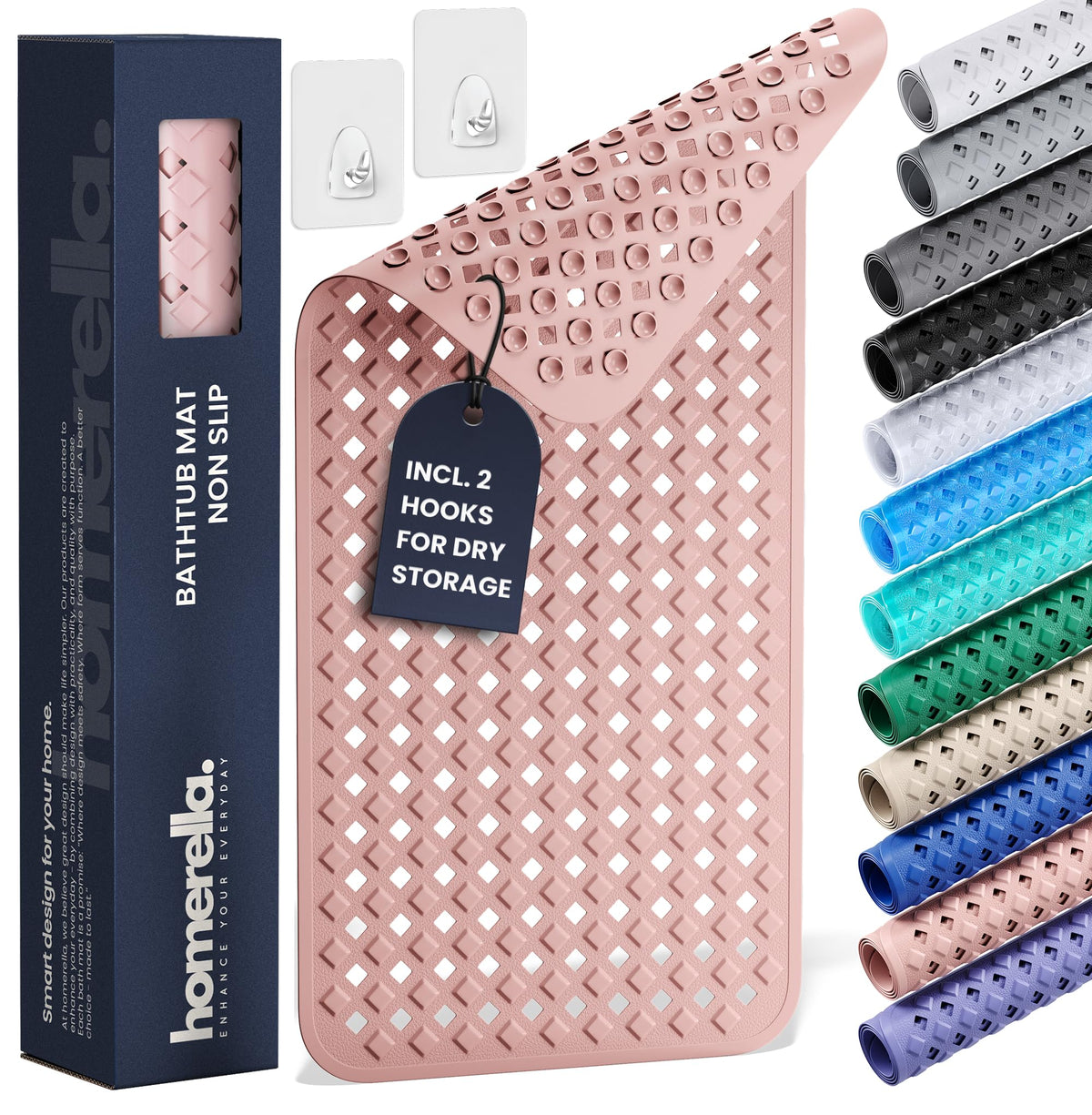 Homerella bath mat non-slip 35x16 with strong suction cups for secure footing.