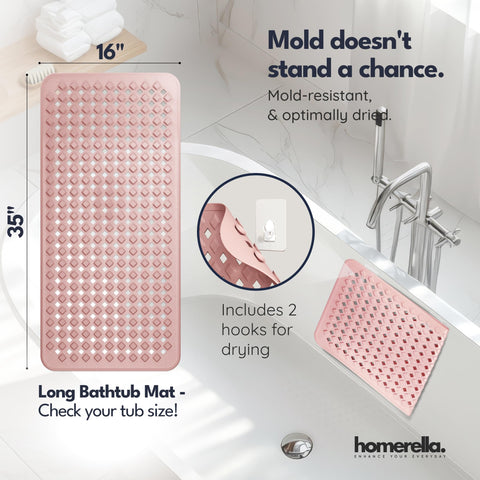 Homerella bath mat suction cups prevent slips on wet tub surfaces.