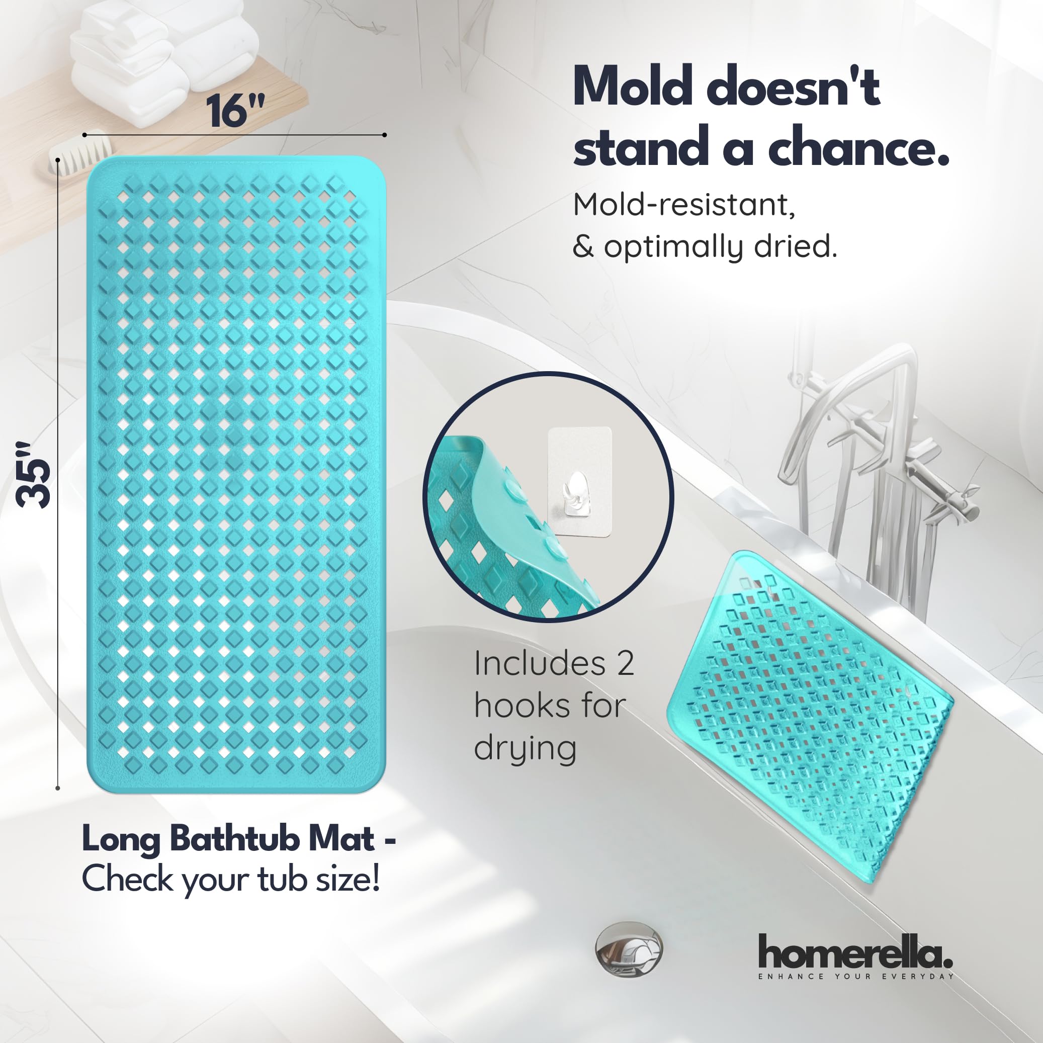 Homerella drain-friendly mat with large holes for fast water drainage.