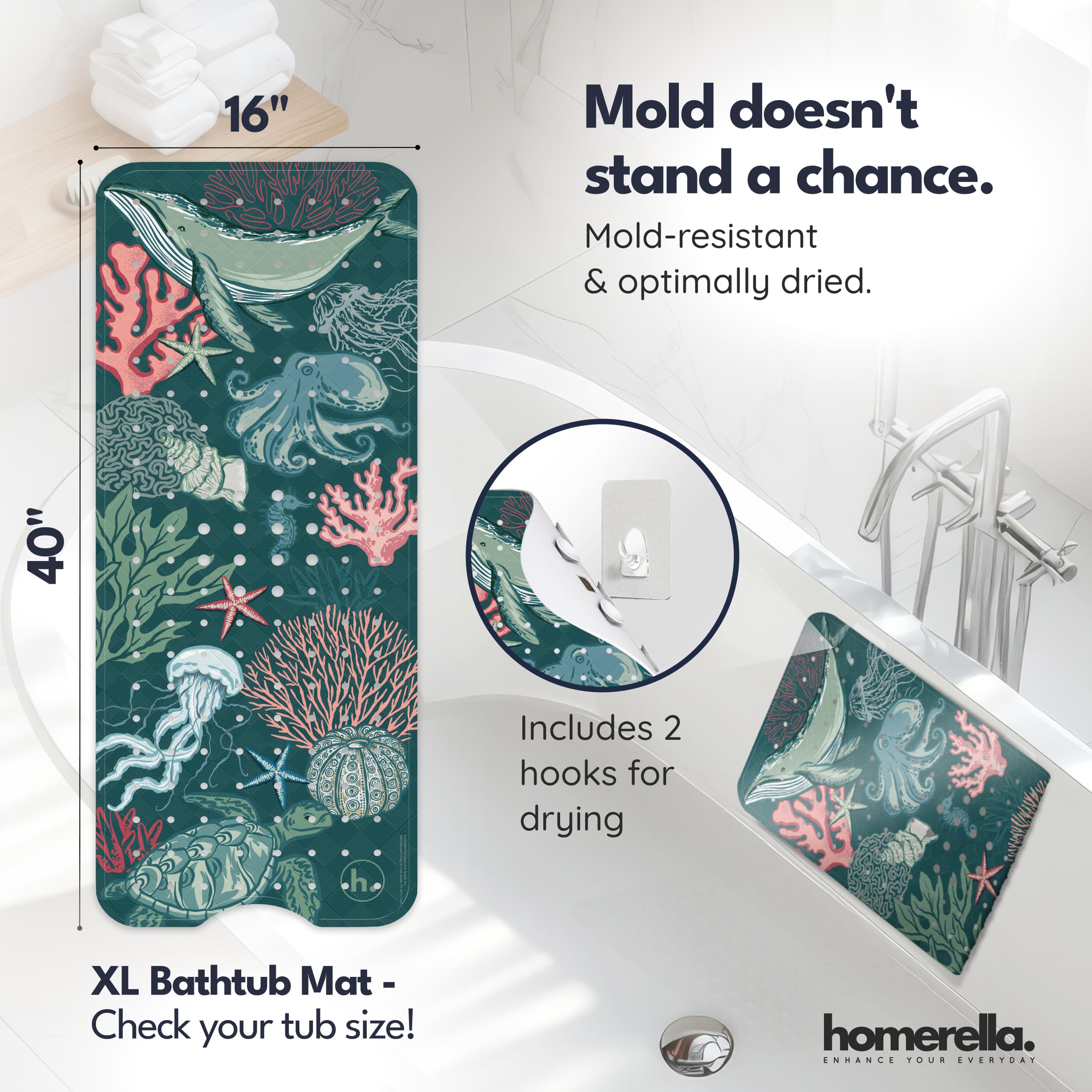 Homerella mat with two hooks for fast air-drying after baths