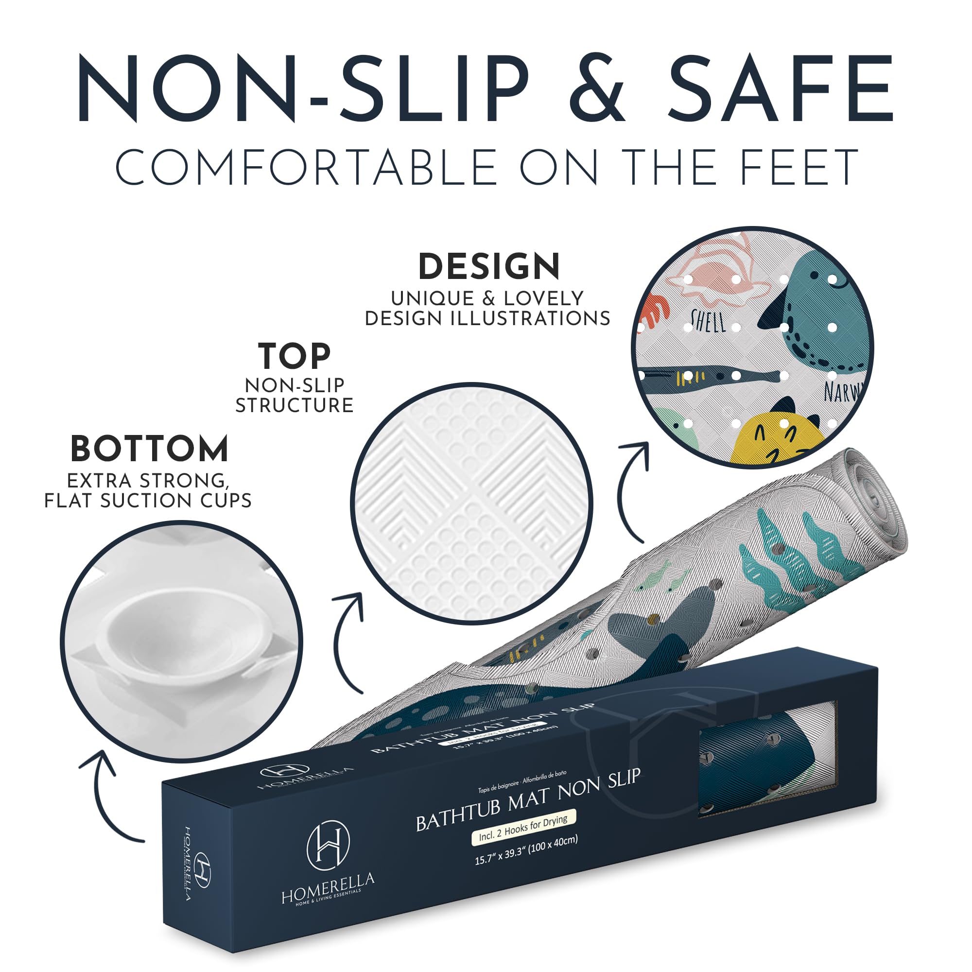 Homerella hooks included for quick air-drying and mold prevention after baths.