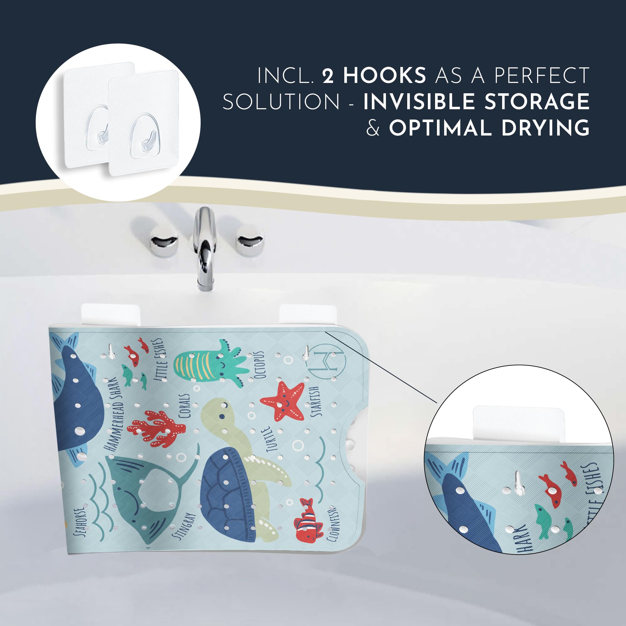 Homerella bath mat includes 2 hooks for fast air-drying after baths.