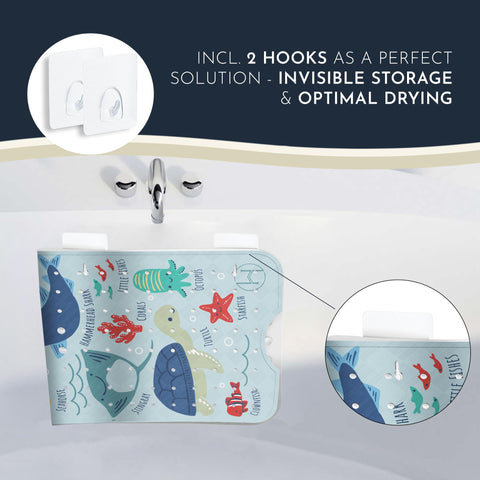 Homerella bath mat includes 2 hooks for fast air-drying after baths.