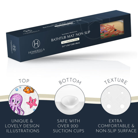 Homerella bath mat with included hooks for quick air-drying.
