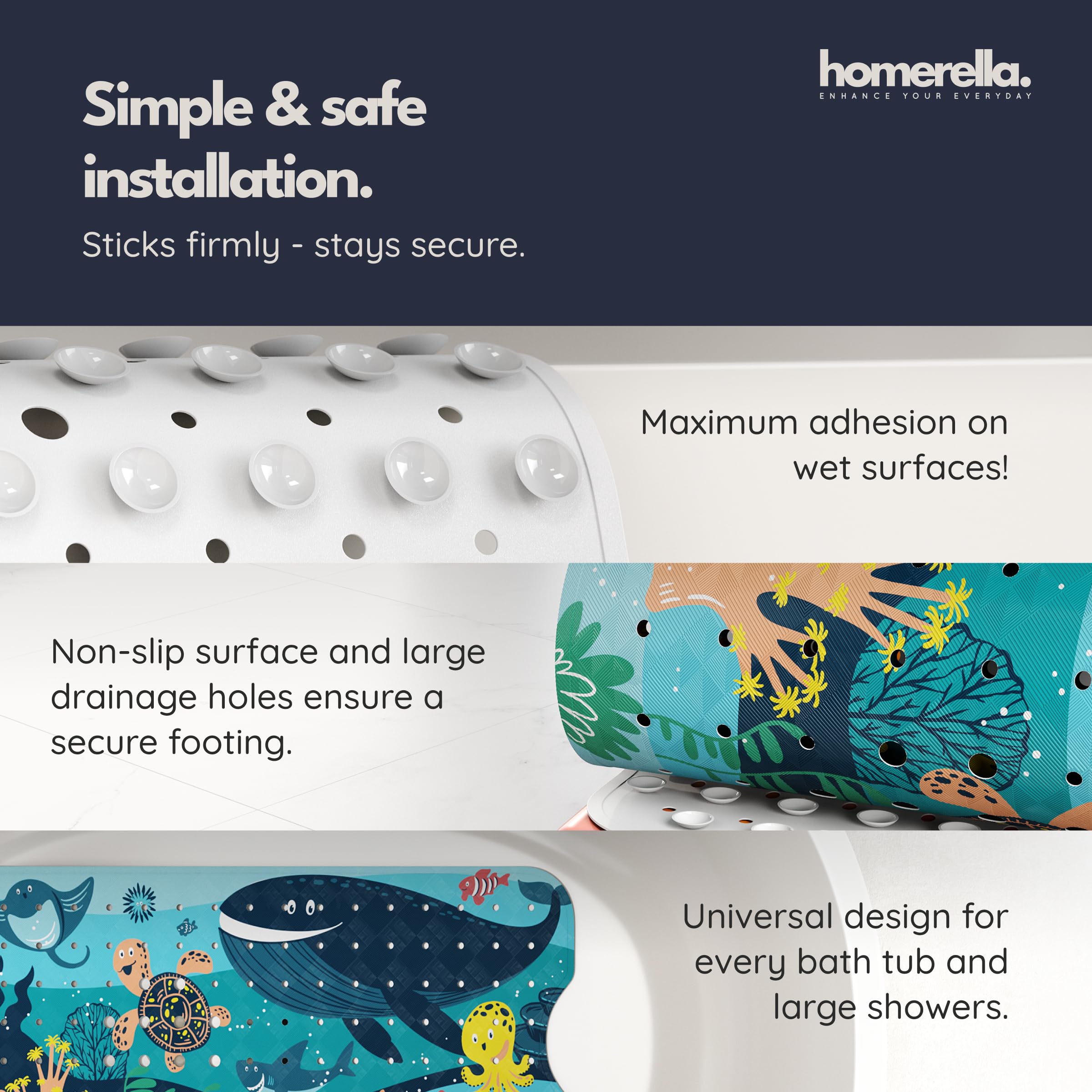 Homerella bath mat includes two hooks for quick air-drying.