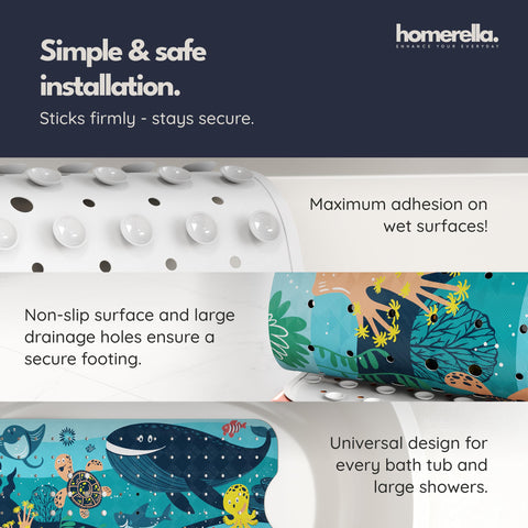 Homerella bath mat includes two hooks for quick air-drying.