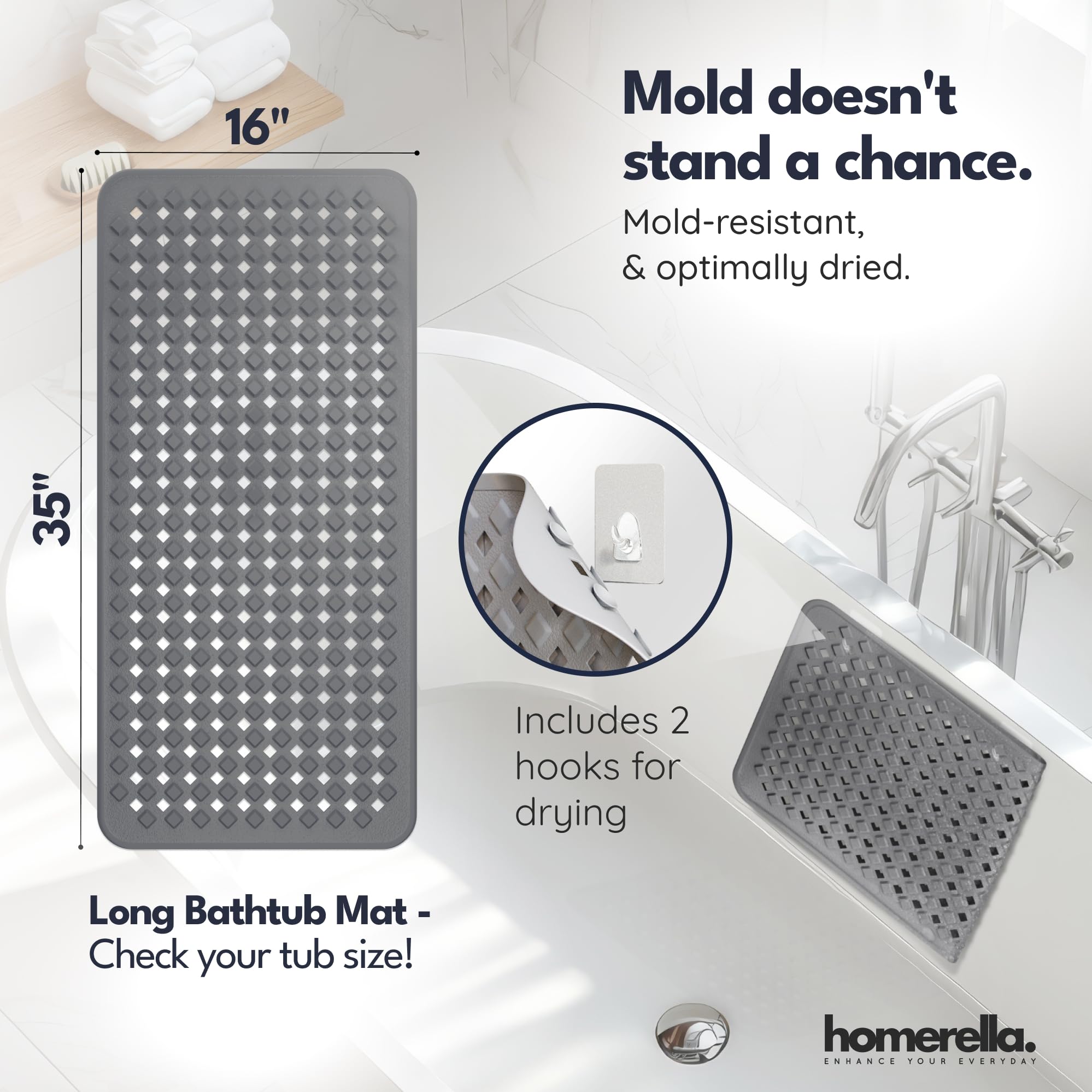 Homerella mold and mildew resistant bath mat for low-maintenance care.