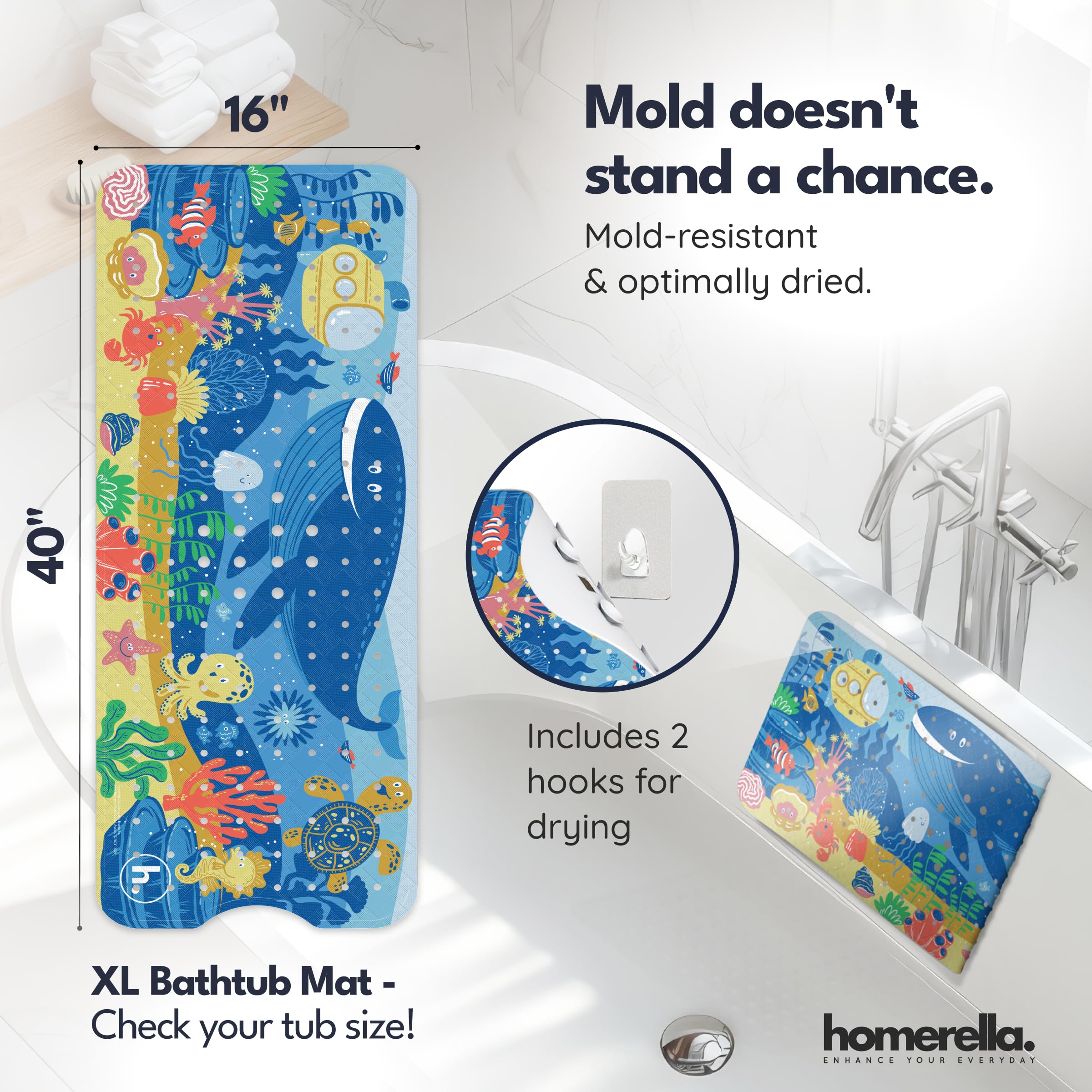 Homerella bath mat with included hooks for quick air-drying.